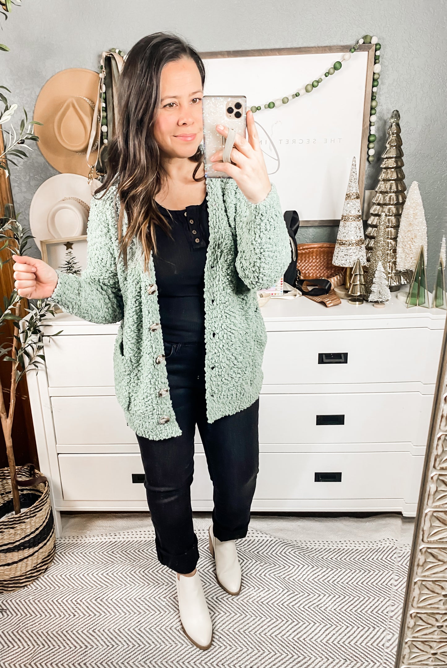 Popcorn Knit Cardigan In Light Green