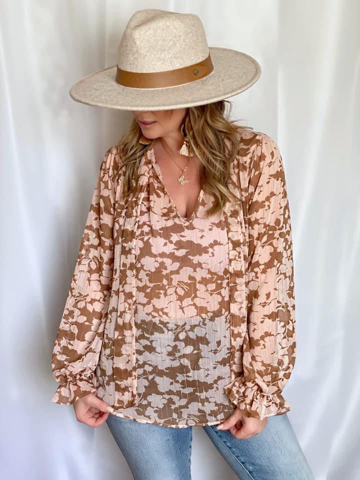 RACK SALE Floral Ties Top in Taupe - SMALL