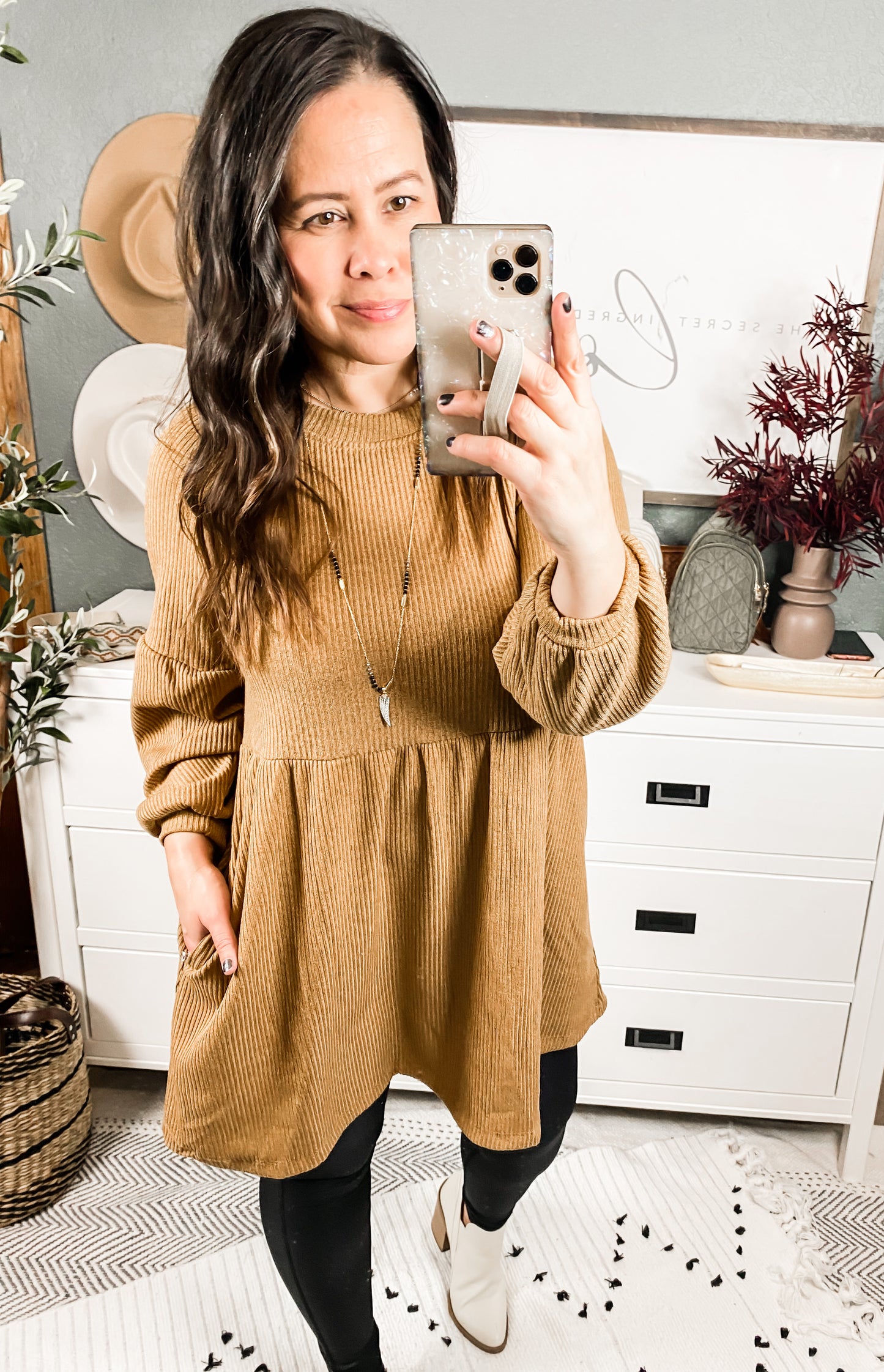 Ribbed Knit Raglan Tunic In Mustard