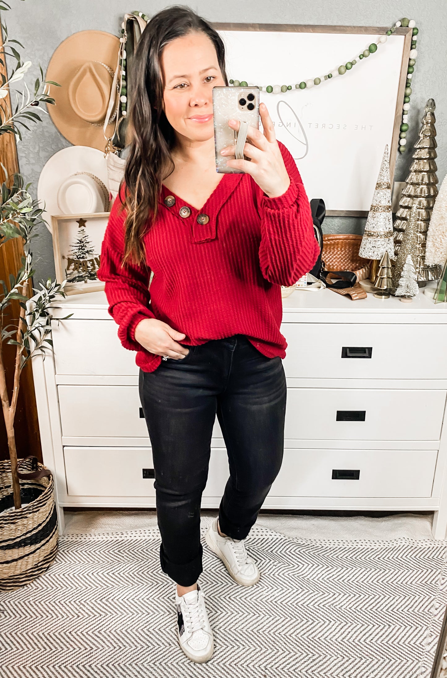Long Sleeve Waffle Knit Top In Eggplant