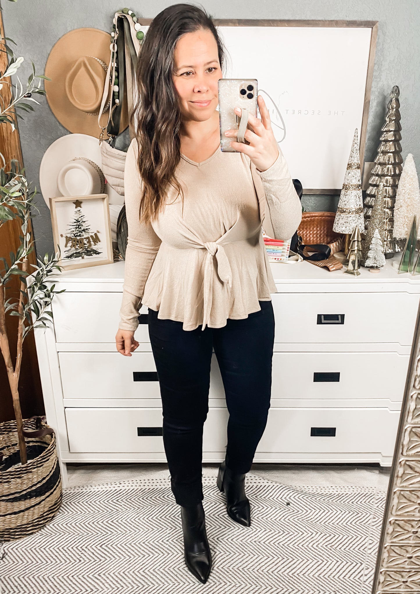 Long Sleeve Solid Front Tie Knit Top