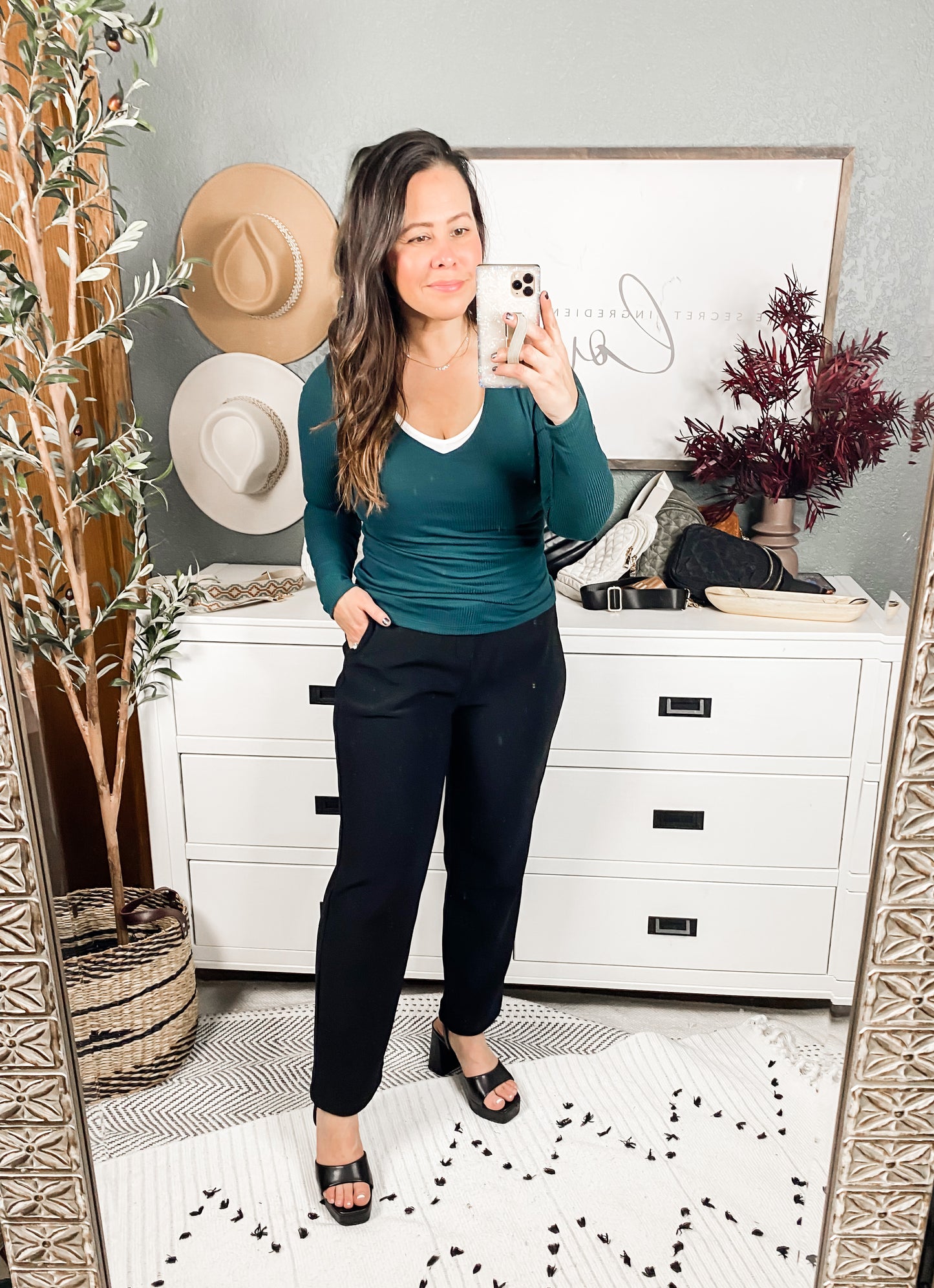 My Own Way V Neck Ribbed Top In Pine