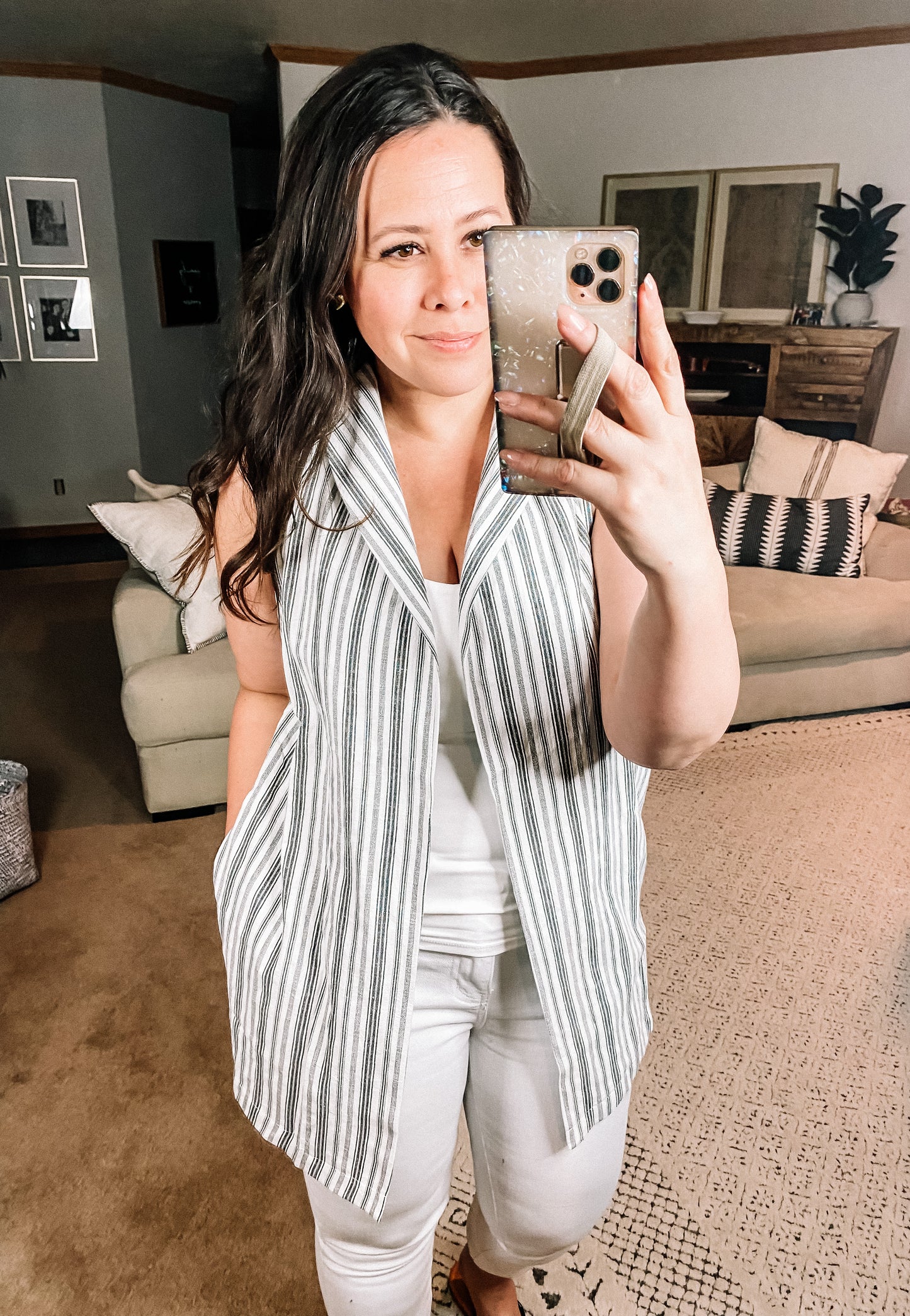 Linen Blend Striped Sleeveless Blazer Vest