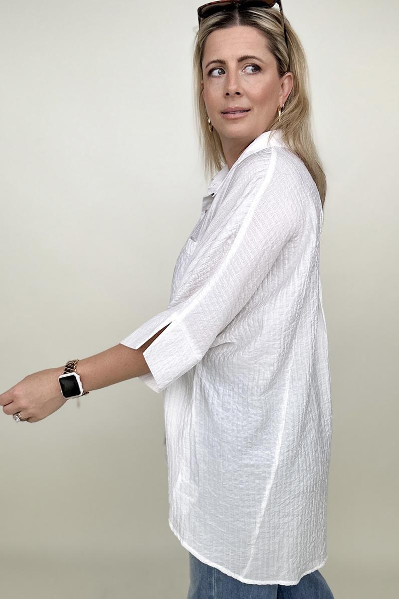 Pleated Batwing Short Sleeve Button Up Top - Multiple Colors