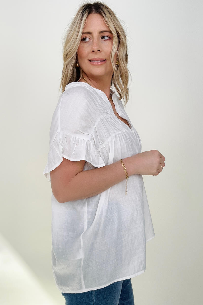 Woven Button Down Ruffle Sleeve Top - Multiple Colors