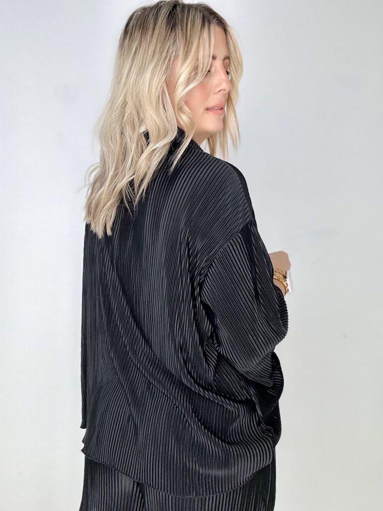 Pleated Button Down Top And Shorts Set in Black