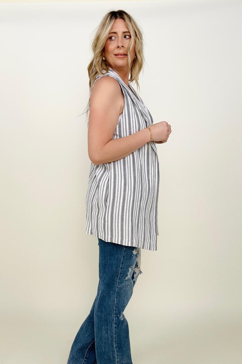 Linen Blend Striped Sleeveless Blazer Vest
