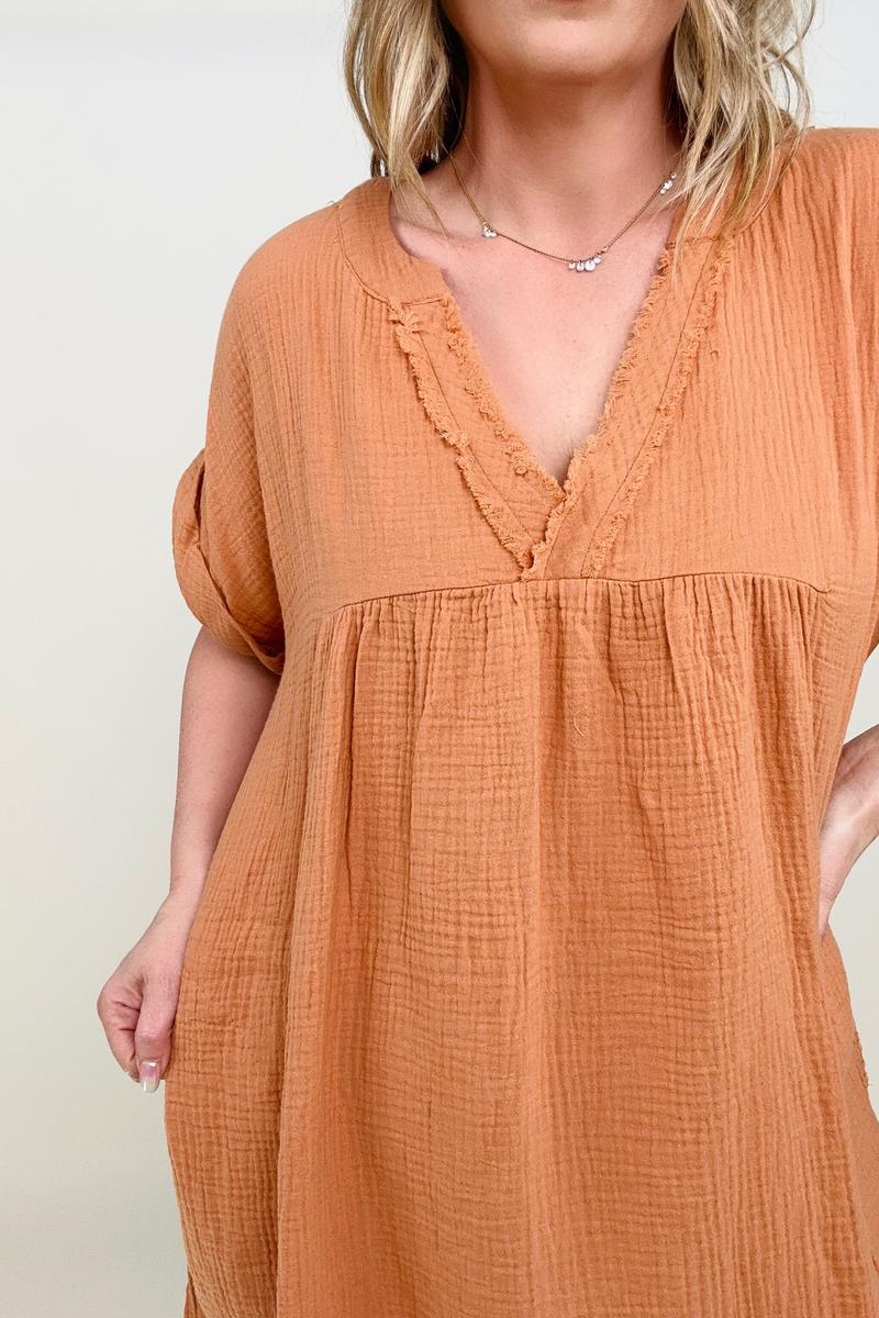 Gauzy Raw Edge V-Neck Dress - Multiple Colors