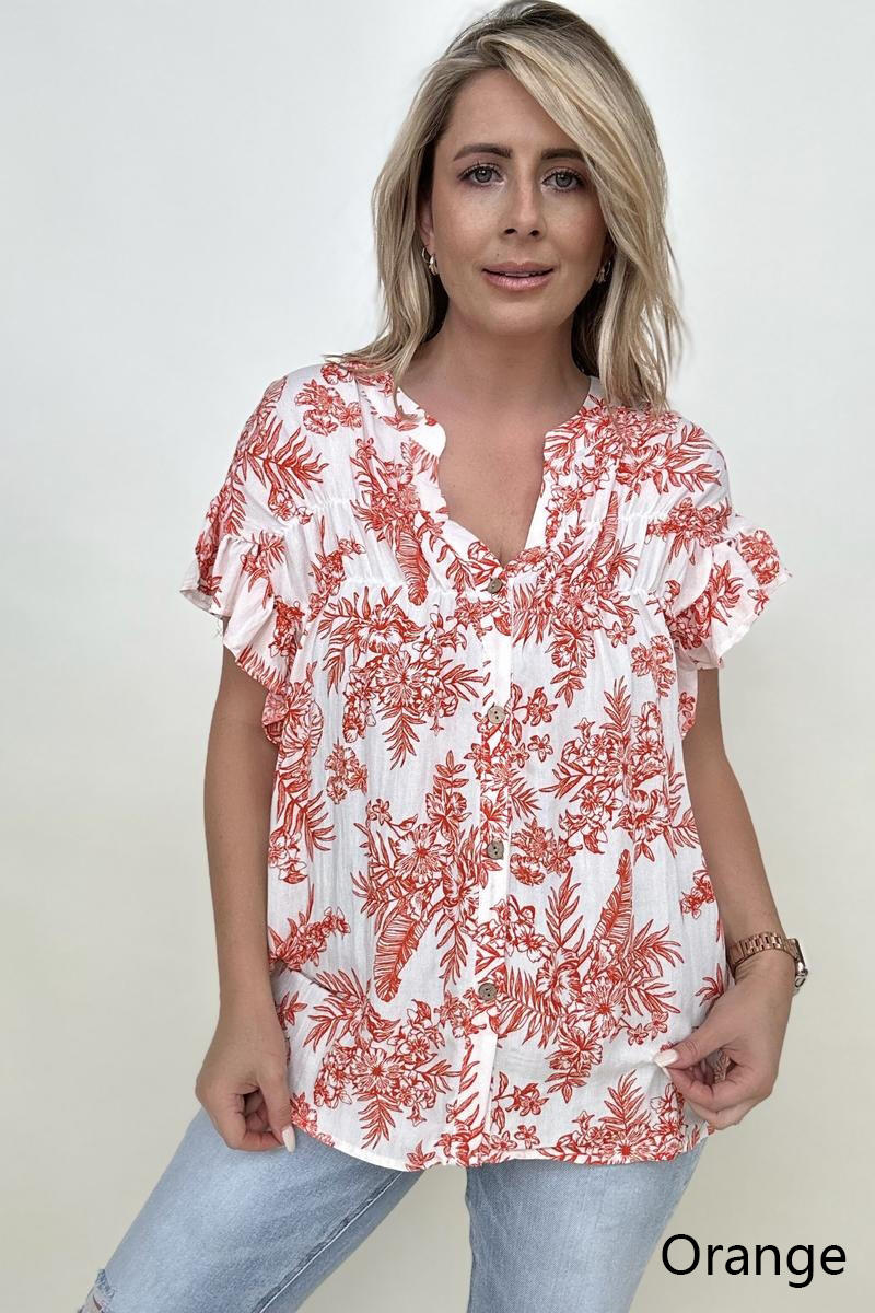 Floral Print Button Down Ruffle Sleeve Top