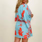 Floral Button Drawstring Batwing Sleeve Mini Dress