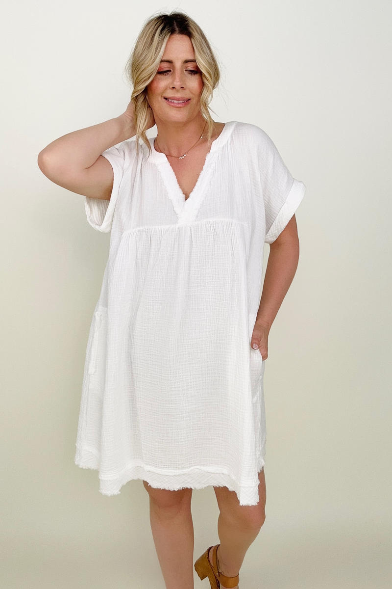 Gauzy Raw Edge V-Neck Dress - Multiple Colors