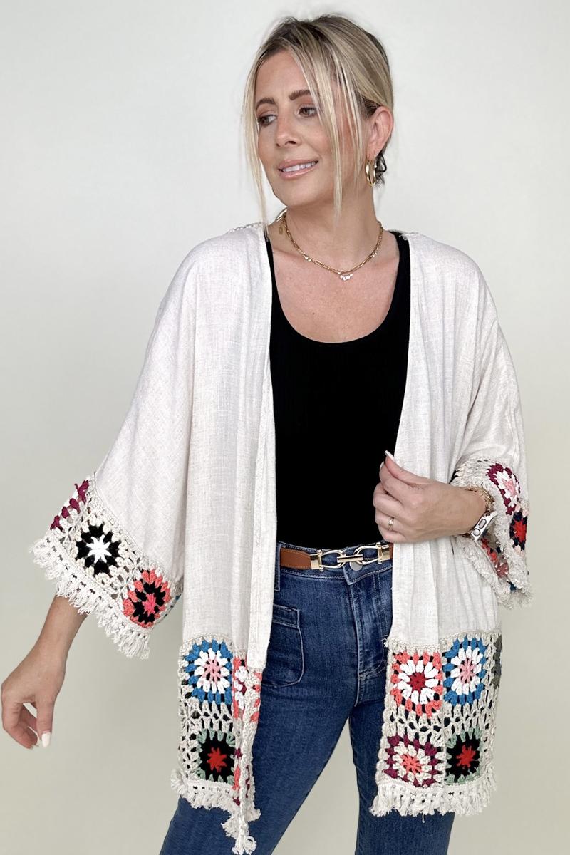 Linen Blend Patch Crochet Kimono