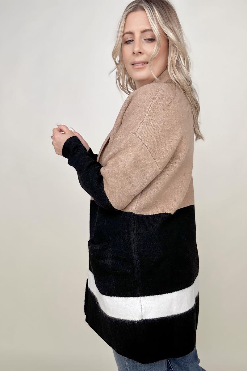Latte Colorblock Cardigan With Patch Pockets