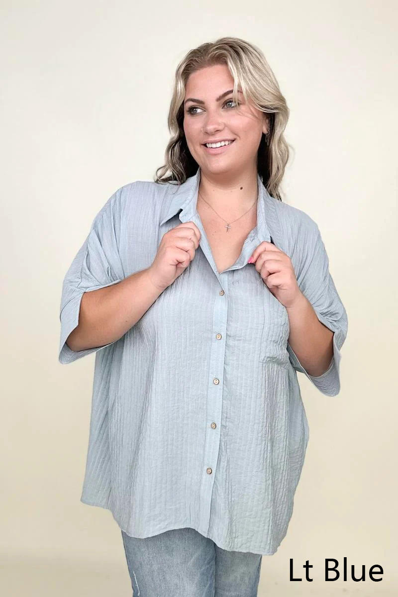 Pleated Batwing Short Sleeve Button Up Top - Multiple Colors