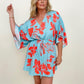 Floral Button Drawstring Batwing Sleeve Mini Dress