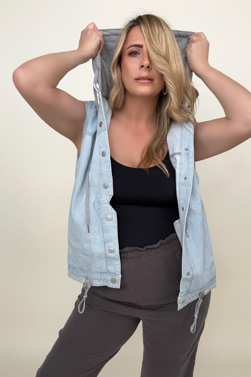Relaxed Fit Hooded Denim Vest Jacket
