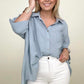 Pleated Batwing Short Sleeve Button Up Top - Multiple Colors