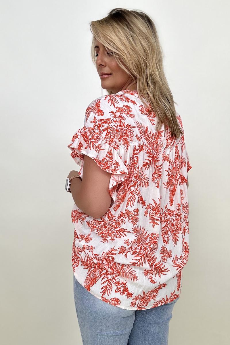 Floral Print Button Down Ruffle Sleeve Top