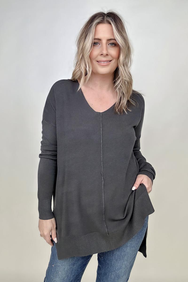 Hi-Low Hem V Neck Knit Top - 2 Colors